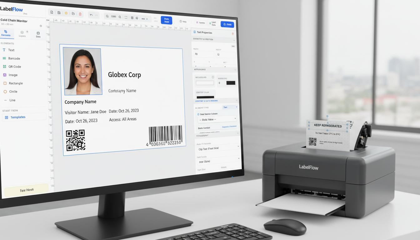 LabelFlow Pro interface showing bulk badge label printing from spreadsheet data