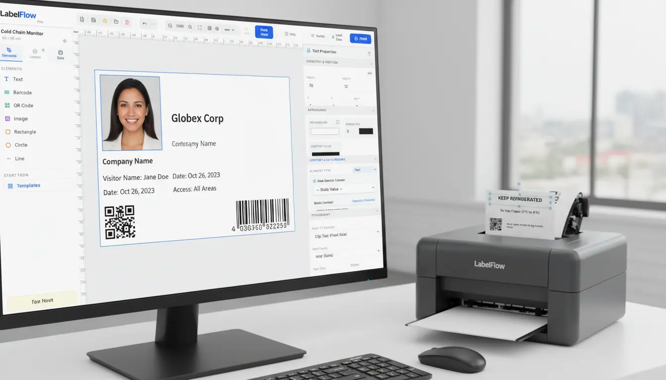 LabelFlow Pro interface showing bulk badge label printing from spreadsheet data