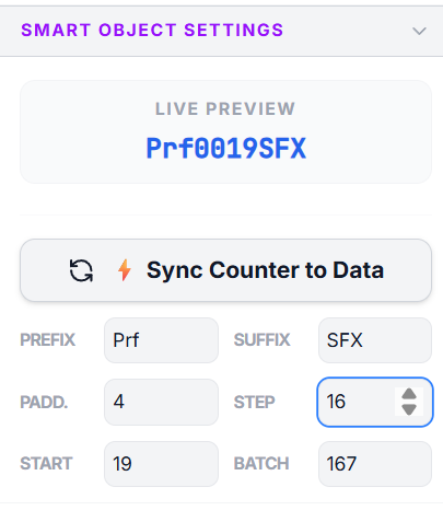 Serial number generator with prefix, suffix, padding, step, start, and batch controls