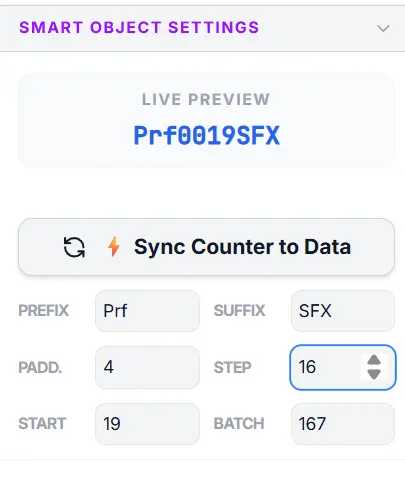 Serial number generator with prefix, suffix, padding, step, start, and batch controls