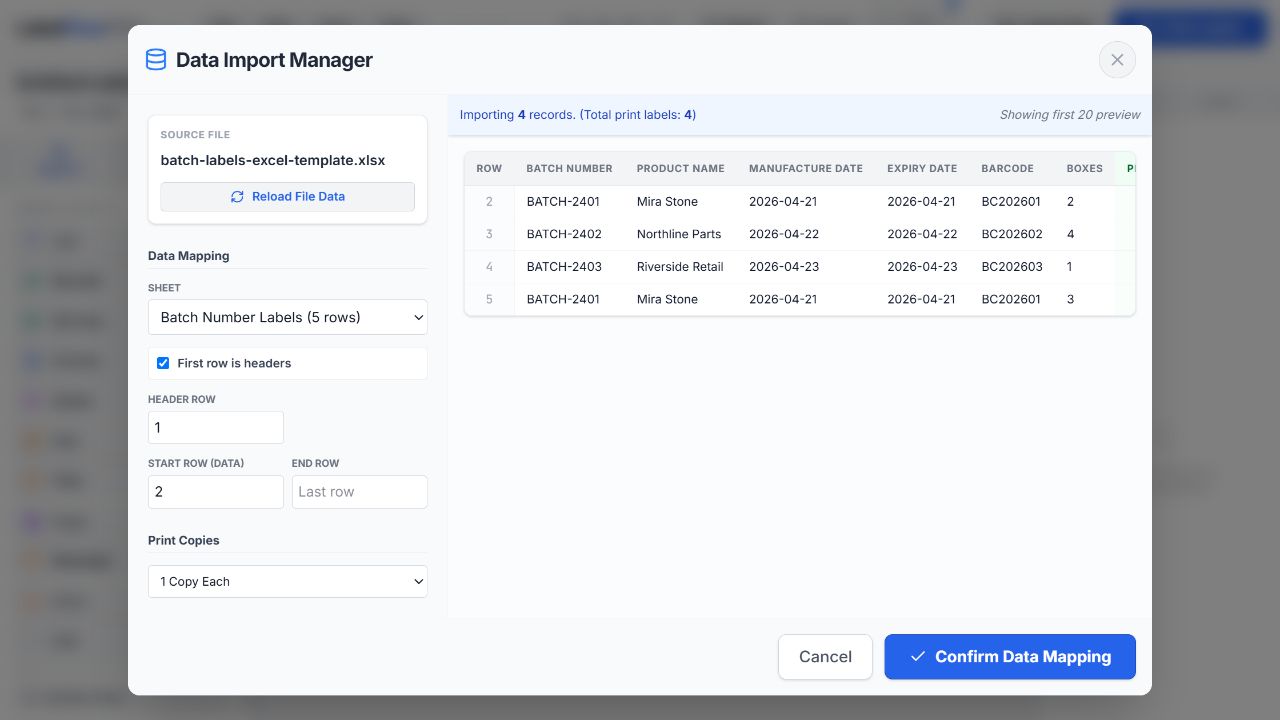 LabelFlow Pro Data Import Manager showing a sanitized XLSX worksheet, header row, start row and data preview