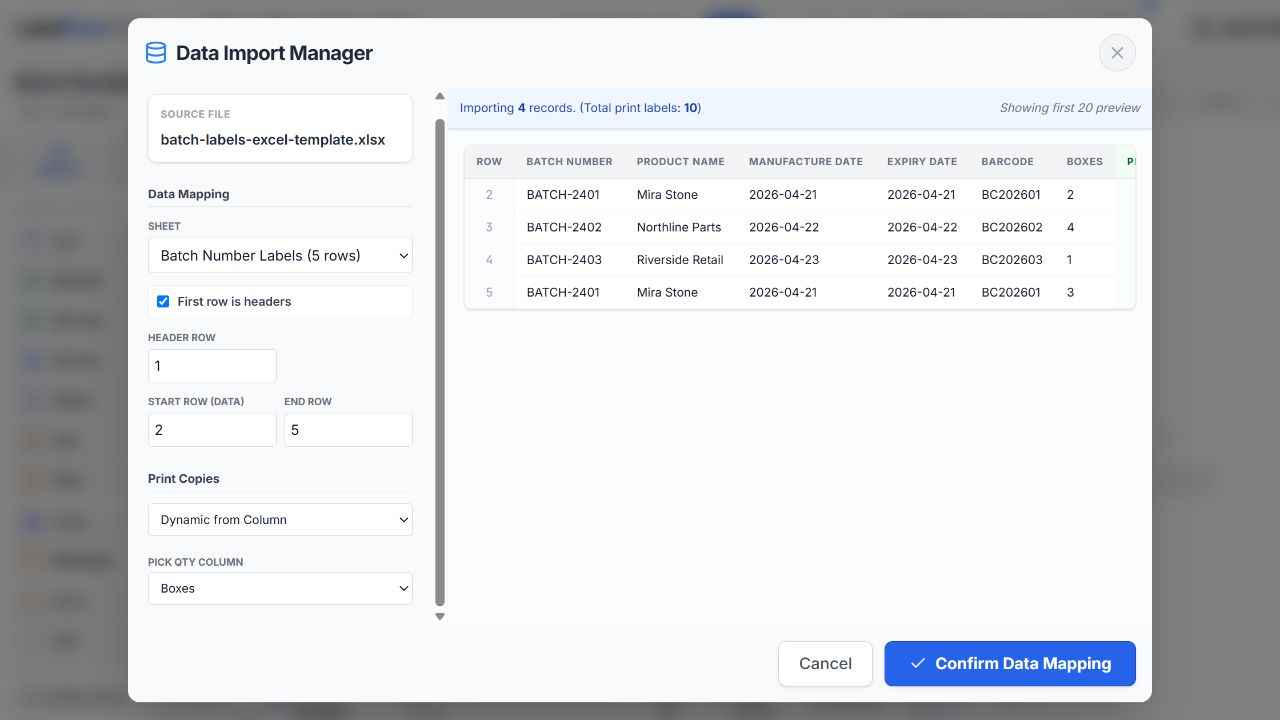 Data Mapping configured to print a dynamic number of labels from the Boxes spreadsheet column