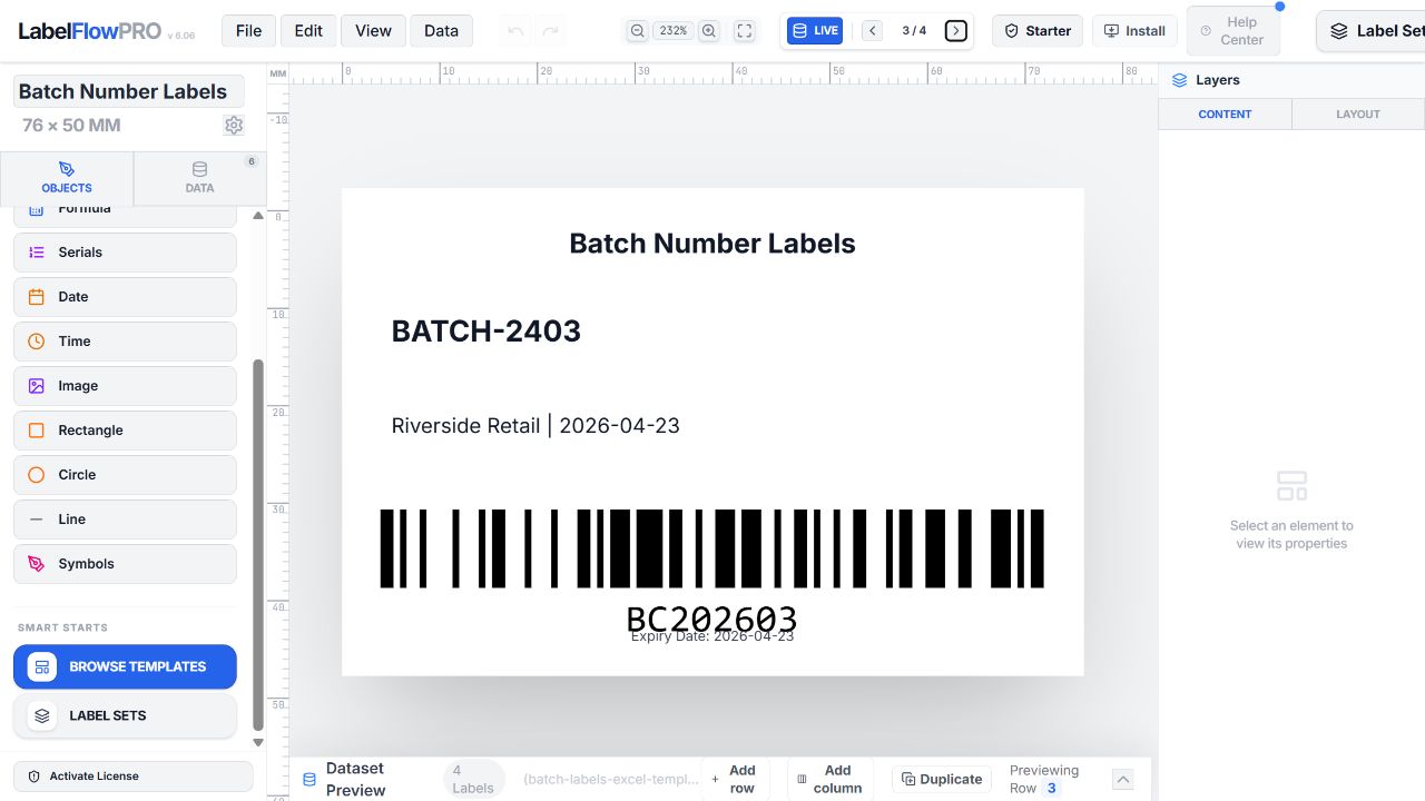 Live LabelFlow Pro preview of the third sanitized Excel record with text and a Code 128 barcode