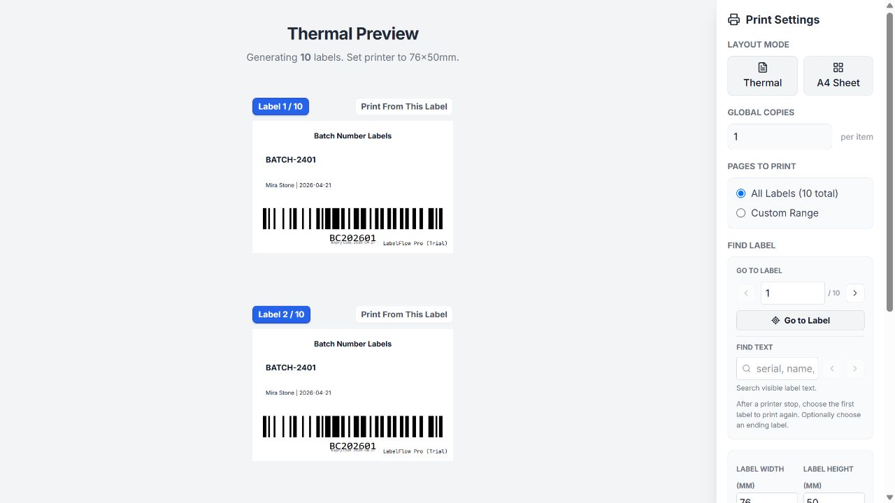 LabelFlow Pro Print Settings showing Thermal and A4 Sheet modes and a ten-label preview