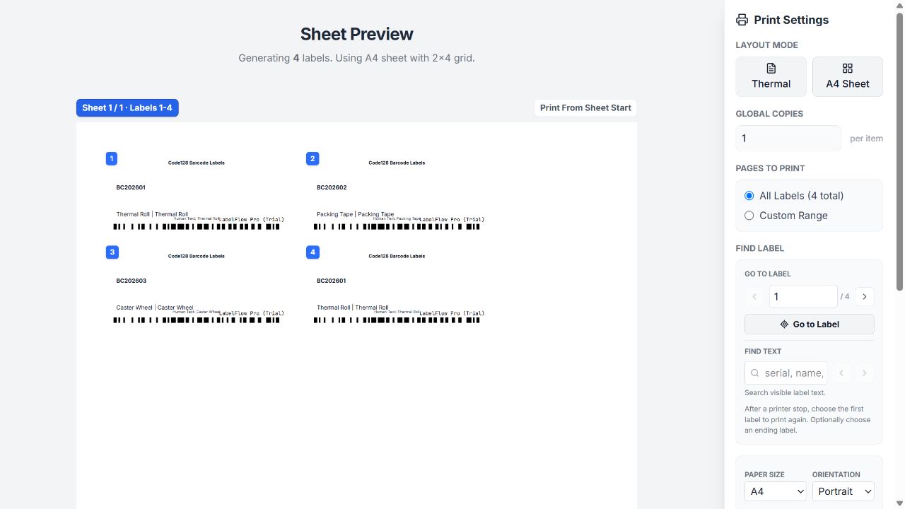 A4 sheet setup showing a multi-label page layout.