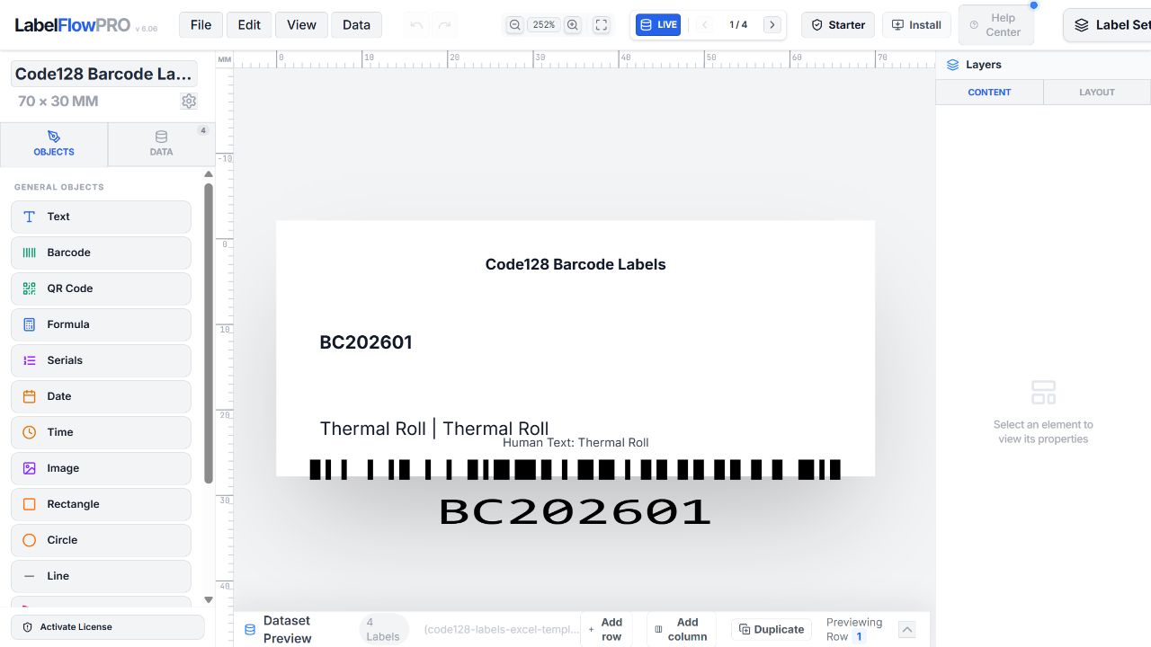 The Code 128 template with imported sample data and a live barcode preview.